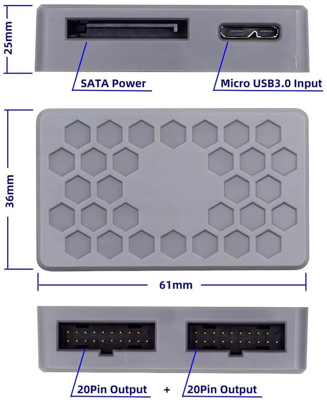 Alt view image 2 of 7 - AJMRTC USB3.1 Front Type-E /19/20Pin /Micro-USB3.0 Input Splitter HUB, 5Gbps Internal PCBA Adapter Convert Single Motherboard Header to Dual USB3.0 19/20Pin Female Ports for Desktop PC Front Panel