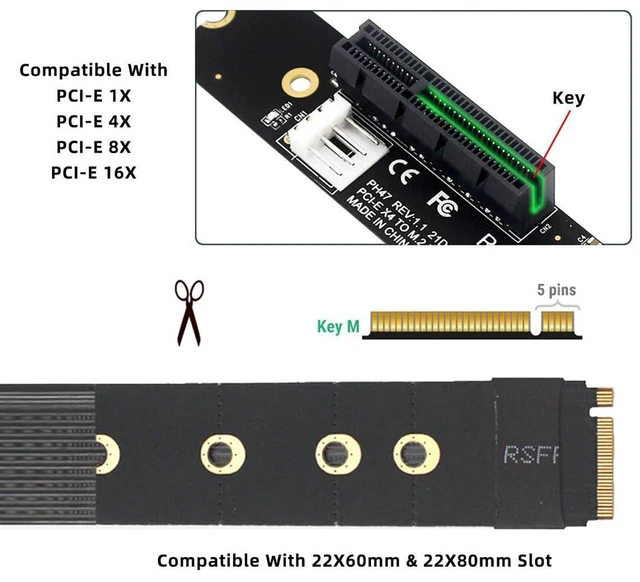 Alt view image 6 of 7 - AJMRTC M.2 NGFF NVMe M-Key to PCIe X1/X4/X8/X16 Extension Cable, PCI Express Graphics Card Riser Adapter, M2 Extender Cord Compatible with 2260 2280 NVMe SSD for Desktop Motherboard DIY PC Build