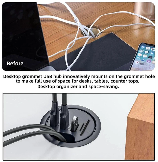 Alt view image 4 of 7 - AJMRTC 3-Port USB3.0 Hub with SD TF Card Reader 60mm Desk Grommet Dock Station, Desktop Cable Hole Mount USB Splitter, Micro-SD Memory Card Reader for Desktop PC Office Workspace