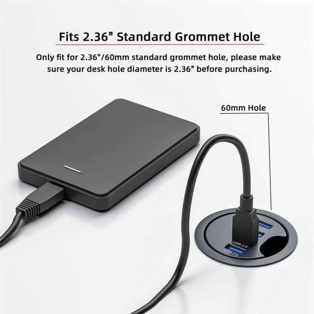 Alt view image 4 of 7 - AJMRTC 4 Ports USB 3.0 Hub 60mm Desk Grommet Dock Station, Desktop USB Splitter, Built-in Desk Hole USB3.0 Interface for Desktop PC Office Table Installation