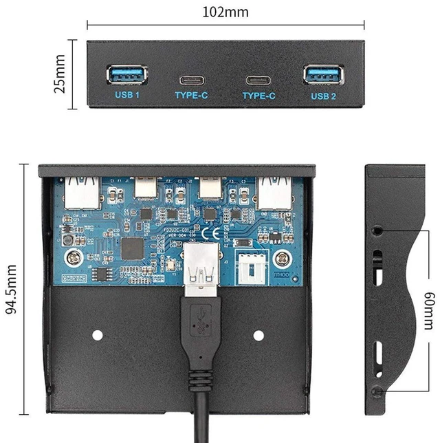 Alt view image 5 of 7 - AJMRTC 4-Port USB-C & USB3.0 Front Panel Hub, 3.5" Floppy Bay Mount, Motherboard 20Pin Header Internal Connection Cable, Desktop PC Case USB Expansion for DIY Gaming & Workstation Builds