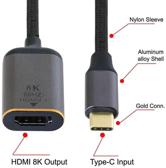 Alt view image 2 of 7 - AJMRTC USB4 Type-C Male Source to HDMI 2.0 Female Adapter Cable, 8K@60Hz UHD & 4K Video Output via DP Alt Mode, USB-C to HDMI Female Cord for Laptop, Monitor, HDTV, Projector & USB-C Source Devices