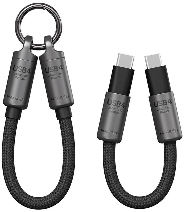 Main image of AJMRTC Portable Keychain USB4 Cable 0.5ft Grey, 80Gbps 240W PD Fast Charge & 8K@60Hz Video Short C to C Lanyard Type-C Cord for iPhone 17 16 15 Pro Max, iPad Pro, Thunderbolt 5/4/3, External SSD
