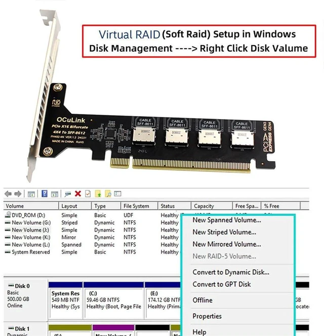 Alt view image 2 of 7 - AJMRTC 4-Port PCIe 4.0 X16 to Oculink Adapter Card, SFF-8611 / SFF-8612 to PCI Express Expansion Converter, PCIe X16 Oculink Host Adapter with 8cm & 12cm Slot Bracket for Desktop Motherboard