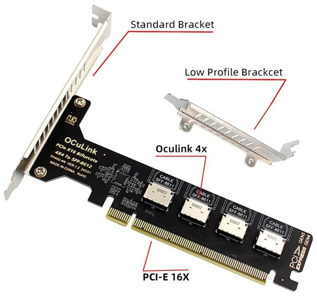 Alt view image 4 of 7 - AJMRTC 4-Port PCIe 4.0 X16 to Oculink Adapter Card, SFF-8611 / SFF-8612 to PCI Express Expansion Converter, PCIe X16 Oculink Host Adapter with 8cm & 12cm Slot Bracket for Desktop Motherboard