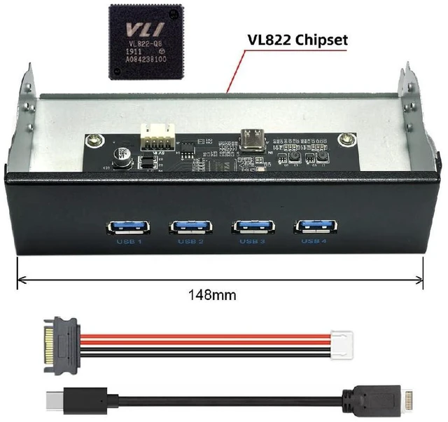 Alt view image 4 of 7 - AJMRTC 4-Port 10Gbps Front Panel Internal USB 3.1 Gen2 Hub Adapter for 5.25" Bay, Type-C & Type-A Output Ports, Connect to Motherboard via Internal Type-E Header, 10Gbps High Speed Chassis Front USB