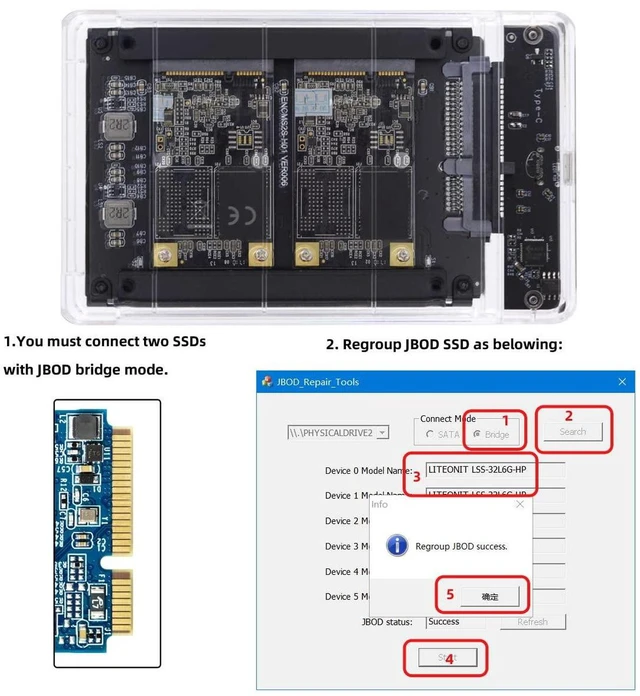 Alt view image 4 of 7 - AJMRTC Dual mSATA Mini-SATA SSD Bridge Card, JOBD RAID0 Span to USB3.0 Type-C 2.5in SATA Combo Enclosure, Dual Mini-SATA SSD Adapter for 2.5" Enclosure External Storage