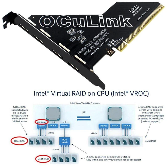 Alt view image 5 of 7 - AJMRTC 4-Port PCIe 4.0 X16 to Oculink Adapter Card, PCI Express Expansion Card SFF-8611 / SFF-8612 with 12cm Slot Bracket, Quad Oculink Ports for Server Workstation NVMe SSD Storage Expansion