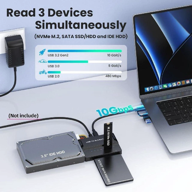 Alt view image 2 of 7 - AJMRTC USB 3.0 Type-C to NVMe M-Key M.2 NGFF, 2.5/3.5" SATA & 40Pin IDE Vertical Docking PCBA Enclosure, Multi-Drive External Storage Adapter, Requires 12V/3A Power Supply for Hard Drives
