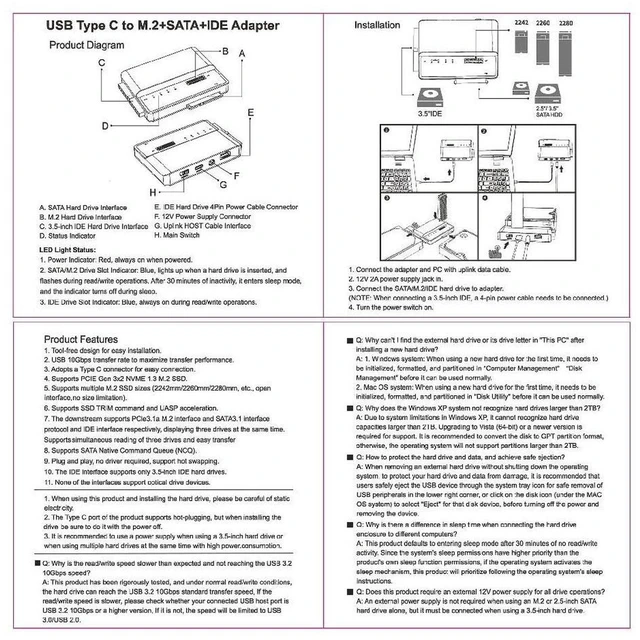 Alt view image 3 of 7 - AJMRTC USB 3.0 Type-C to NVMe M-Key M.2 NGFF, 2.5/3.5" SATA & 40Pin IDE Vertical Docking PCBA Enclosure, Multi-Drive External Storage Adapter, Requires 12V/3A Power Supply for Hard Drives