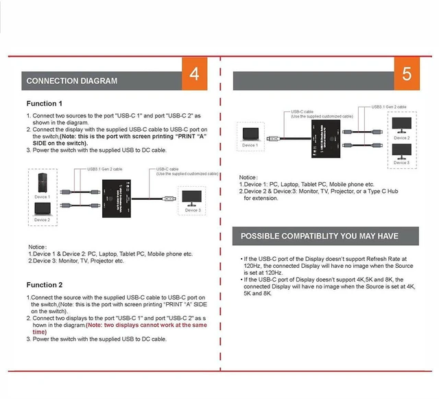 Alt view image 7 of 7 - AJMRTC USB-C Bi-Direction MST 1 to 2 Hub with 50cm Cable, 8K@30Hz Video, 100W PD Charging, 10Gbps Data Transfer, Type-C Bi-directional Splitter for Multi-Monitor, Laptop and Portable Display