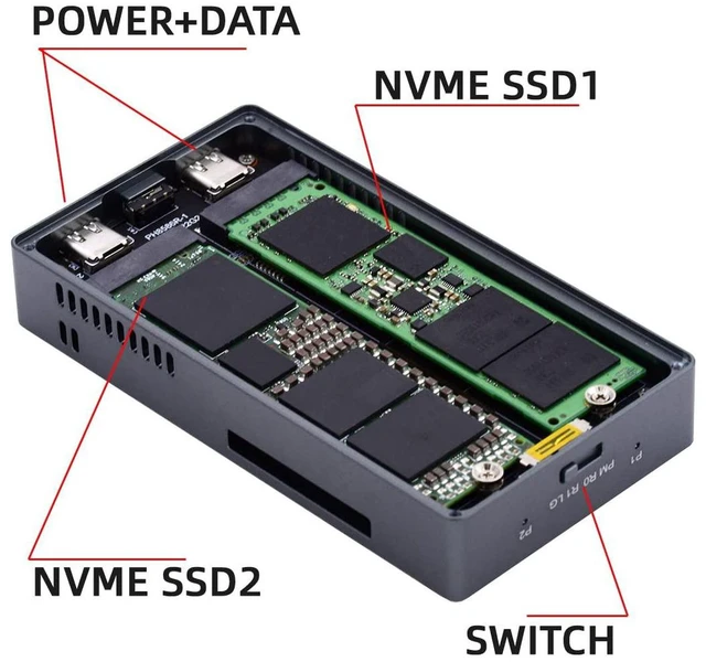 Alt view image 3 of 7 - AJMRTC Dual M.2 NVMe SSD RAID Enclosure, 20Gbps USB-C M-Key NGFF External RAID Adapter with Cooling Fan, Support RAID0 RAID1 JOBD BIG, Tool-Free Dual Bay Storage Case for PCIe NVMe SSDs