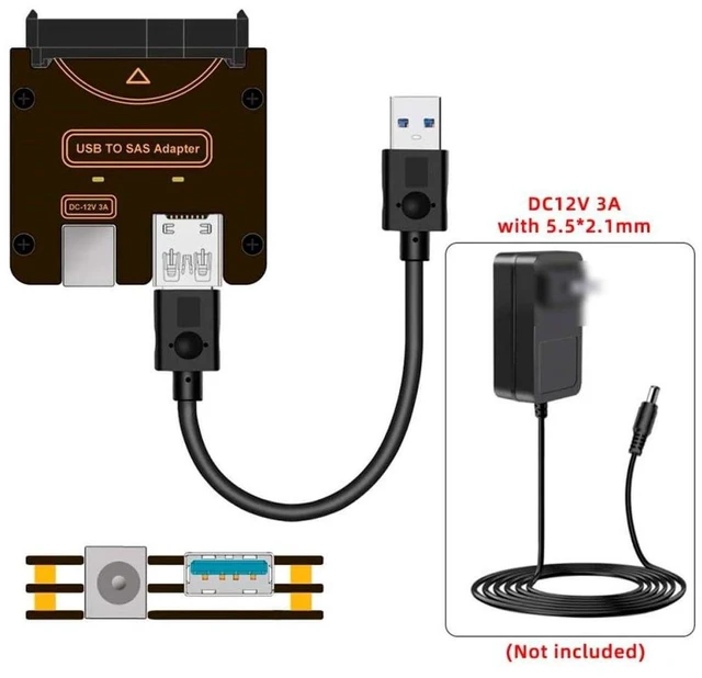 Alt view image 6 of 7 - AJMRTC 29Pin SFF-8482 SAS to USB 3.0 5Gbps Hard Drive RAID Adapter, SAS HDD Converter with Built-in Chipset & DC Power Port for 2.5" 3.5" Server SAS Hard Disks, Requires Separate 12V/3A Power Supply