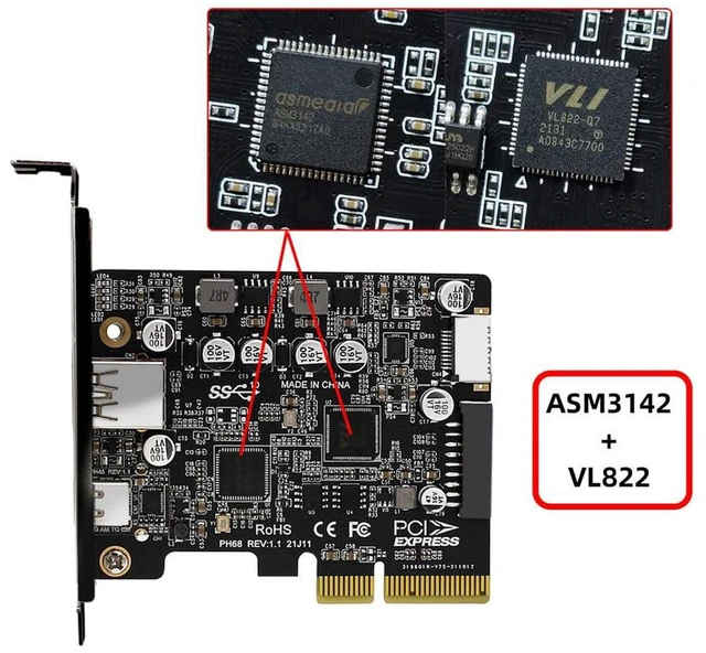 Alt view image 4 of 7 - AJMRTC PCI-E 4X to 4 Port 10Gbps USB Expansion Card, USB A + USB C + USB3.0 20Pin + USB3.1 Front Panel Socket, USB3.1 Gen2 PCI Express Adapter with ASM3142 & VL822 Dual Chipset for Desktop PC