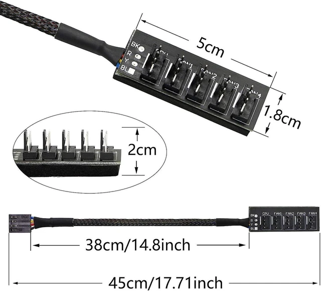Alt view image 4 of 7 - AJMRTC 4 Pin PWM Fan Hub Splitter Cable, 1 to 5 Way PC Case Fan Power Supply Extension Cord, PWM Fan Splitter Adapter for Motherboard, CPU Cooler, Computer Chassis Cooling Fans