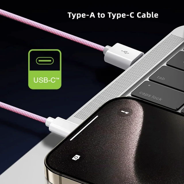 Alt view image 6 of 7 - AJMRTC USB A to USB C Nylon Braided Cable, USB 2.0 Male to Type C Male Cord, 480Mbps Data Sync PD 15W Fast Charging Cable, Pink 3.28FT / 1.0M Charger Wire for Smartphone, Tablet, Power Bank, USB-C Dev