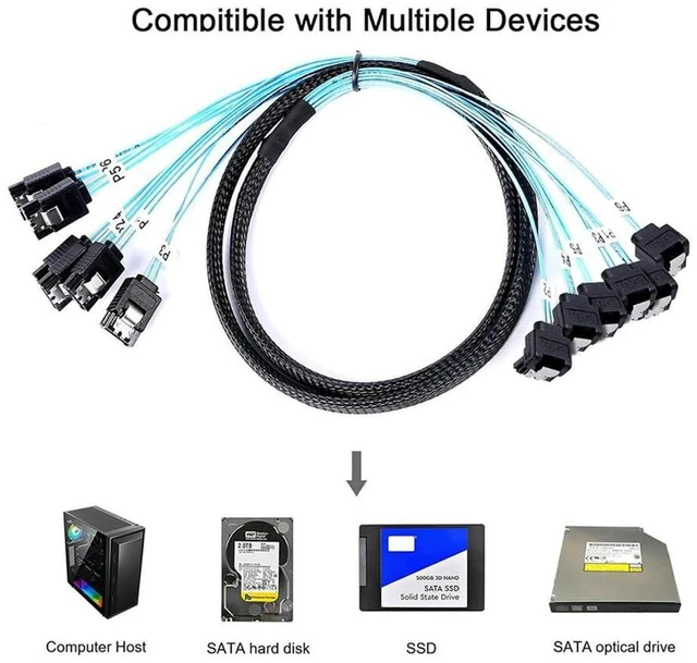 Alt view image 3 of 6 - AJMRTC MINI-SAS SAS4.0 6 Port SATA 7Pin Female to 6×SATA 7P Female Extension Cable, 90 Degree Right Angle SATA Hard Drive Cord 50cm for Server PC Host Internal SATA Storage Disk Connection Cable