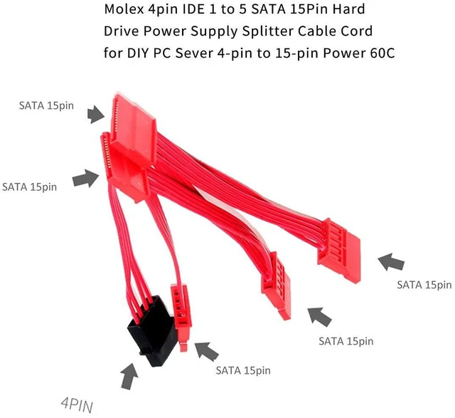 Alt view image 3 of 4 - AJMRTC 4Pin Molex to SATA 15Pin Adapter Cable, 1 to 5 Splitter Hard Drive Power Extension Cord, 18AWG Heavy Gauge Wire, Molex 4 Pin to SATA 15 Pin Power Splitter for Desktop PC HDD SSD Power Supply
