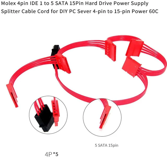 Alt view image 2 of 4 - AJMRTC 4Pin Molex to SATA 15Pin Adapter Cable, 1 to 5 Splitter Hard Drive Power Extension Cord, 18AWG Heavy Gauge Wire, Molex 4 Pin to SATA 15 Pin Power Splitter for Desktop PC HDD SSD Power Supply