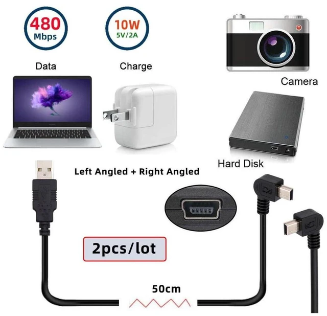 Alt view image 5 of 7 - AJMRTC 2 Pack Mini USB Cable, USB 2.0 Male to Mini USB 5 Pin Male 90 Degree Left/Right Angled Charging & Data Transfer Cord, Black 1.64FT/0.5M Mini USB Extension Cable for Dash Cam, GPS, Digital Camer