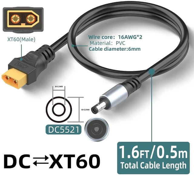 Alt view image 2 of 7 - AJMRTC 1.6FT XT60 Male to DC5521 Power Cable, XT60 to DC 5.5mm x 2.1mm Male Adapter Cord, XT60 DC5521 Conversion Wire for FPV Goggles, TS100 Soldering Iron, RC Battery, LED Strip, Portable Power Stati