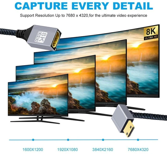 Alt view image 3 of 7 - AJMRTC 8K HDMI 2.1 Cable, Mini HDMI to HDMI 90 Degree Down Angled Braided Cord, 8K@60Hz 4K@120Hz 48Gbps Ultra High Speed Gold Plated Connector 0.55FT/17CM for Camera, Camcorder, Tablet, Graphics Card