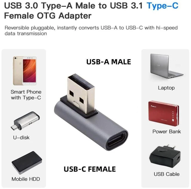 Alt view image 2 of 6 - AJMRTC USB C to USB Adapter, USB 3.0 Male to USB 3.1 Type C Female 90 Degree Right Angled Connector, Right Angle USB Converter, Compact Adapter for Laptops, Tablets and USB-C Peripherals