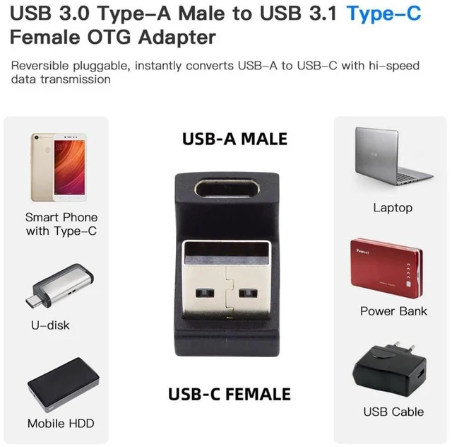 Alt view image 6 of 6 - AJMRTC USB C to USB Adapter, USB 3.0 Male to USB 3.1 Type C Female 180 Degree Up Angled Connector, Upward Bend USB Converter Adapter for Laptops, Tablets, Flash Drives and USB-C Peripherals