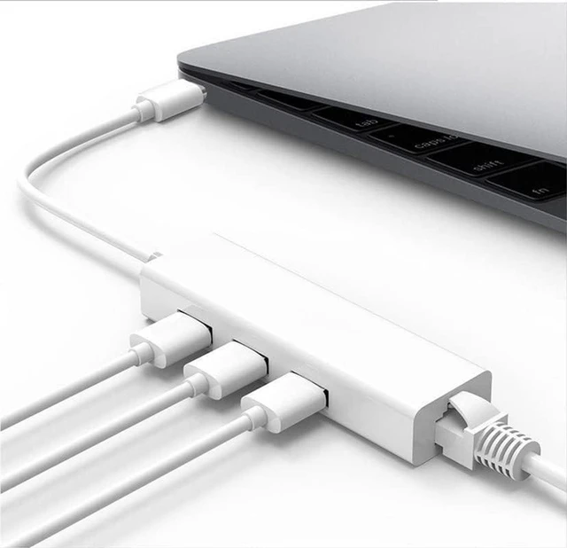 Alt view image 3 of 6 - AJMRTC USB C Hub Adapter, USB Type C to 3 x USB A 3.0 + RJ45 Gigabit Ethernet LAN Network Converter, 4-in-1 Multiport USB-C Docking Cable for MacBook, Laptop, PC, Chromebook