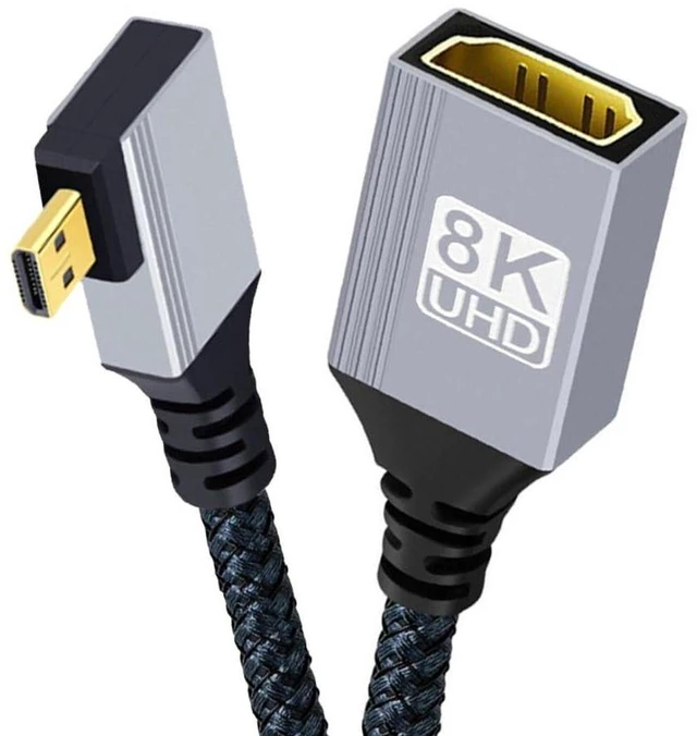 Main image of AJMRTC 8K HDMI 2.1 Cable, Micro HDMI to HDMI 90 Degree Left Angled Cord, 8K@60Hz 4K@120Hz 48Gbps Ultra High Speed Braided Cable, Gold Plated Connector, 17CM/0.55FT for Camera, Portable Display
