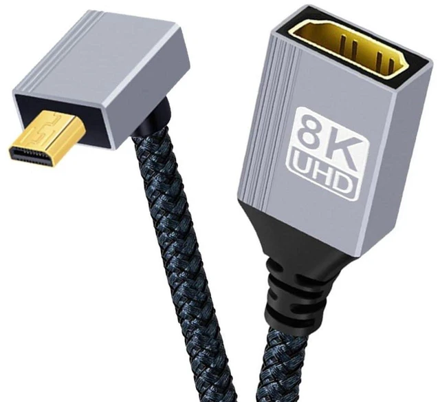 Main image of AJMRTC 8K HDMI 2.1 Cable, Micro HDMI to HDMI 90 Degree Up Angled Cord, 8K@60Hz 4K@120Hz 48Gbps Ultra High Speed Braided Cable, Gold Plated Connector, 17CM/0.55FT for Camera, Portable Display