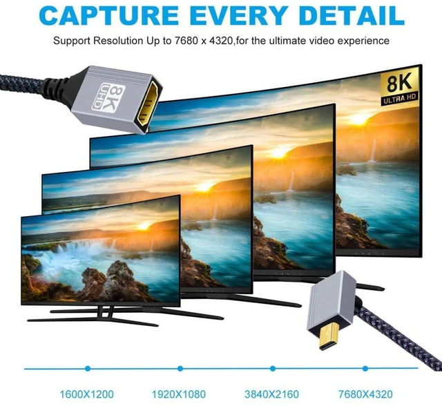 Alt view image 6 of 7 - AJMRTC 8K HDMI 2.1 Cable, Micro HDMI to HDMI 90 Degree Up Angled Cord, 8K@60Hz 4K@120Hz 48Gbps Ultra High Speed Braided Cable, Gold Plated Connector, 17CM/0.55FT for Camera, Portable Display