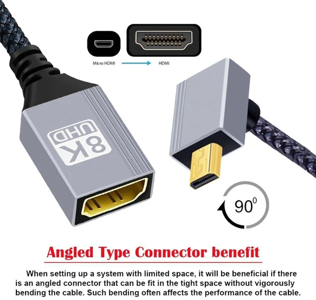 Alt view image 3 of 7 - AJMRTC 8K HDMI 2.1 Cable, Micro HDMI to HDMI 90 Degree Up Angled Cord, 8K@60Hz 4K@120Hz 48Gbps Ultra High Speed Braided Cable, Gold Plated Connector, 17CM/0.55FT for Camera, Portable Display