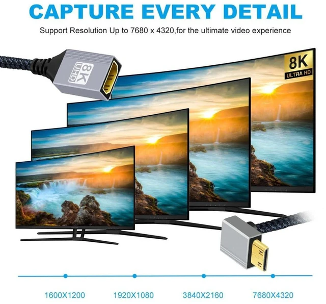 Alt view image 4 of 7 - AJMRTC 8K HDMI 2.1 Cable, Mini HDMI to HDMI 90 Degree Up Angled Cord, 8K@60Hz 4K@120Hz 48Gbps Ultra High Speed Braided Cable, Gold Plated Connector, 17CM/0.55FT for Camera, Portable Display
