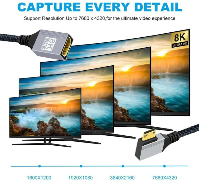 Alt view image 3 of 7 - AJMRTC 8K HDMI 2.1 Cable, Mini HDMI to HDMI 90 Degree Right Angled Cord, 8K@60Hz 4K@120Hz 48Gbps Ultra High Speed Braided Cable, Gold Plated Connector, 17CM/0.55FT for Camera, Portable Display