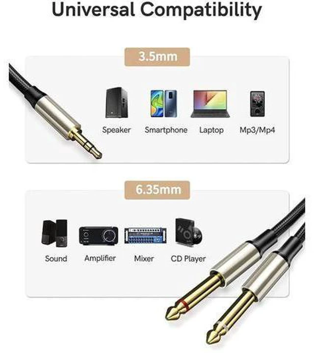 Alt view image 4 of 5 - AJMRTC 3.5mm to 6.35mm Audio Cable, 1/8 Inch 3.5mm Male to 1/4 Inch 6.35mm Male Stereo Audio Cord, 3.5 to 6.35mm Audio Adapter Cable for Phone, Guitar, Amplifier, Mixer, Speaker, Headphone