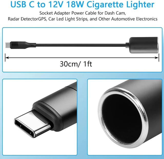 Alt view image 5 of 7 - AJMRTC 1FT USB C Male to 12V 18W Cigarette Lighter Socket Adapter Power Cable, Type-C to Car Cigarette Lighter Female Connector, 1 Foot Cord for Dash Cam, Low Power Car Electronic Devices