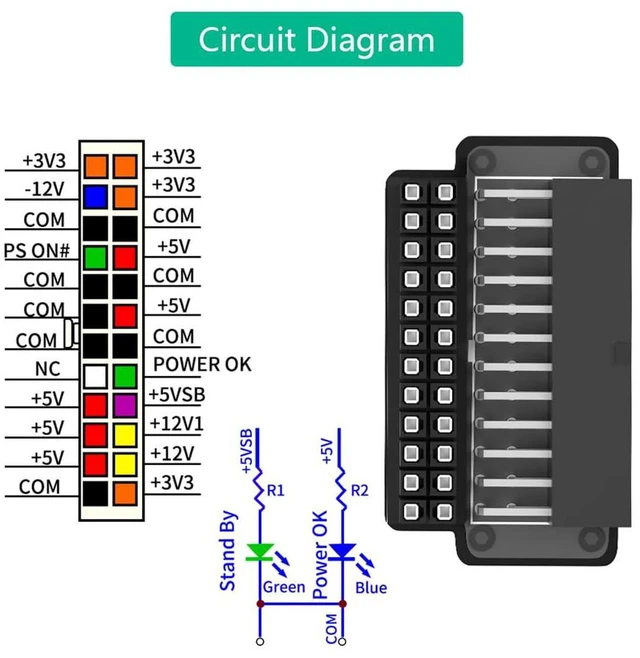 Alt view image 4 of 7 - AJMRTC ATX 24Pin to 24Pin 90 Degree Power Adapter, Female to Male Right Angle ATX Motherboard Connector with Power OK & Stand By LED Indicators, ABS Plastic Housing for Desktop PC PSU Cable Management