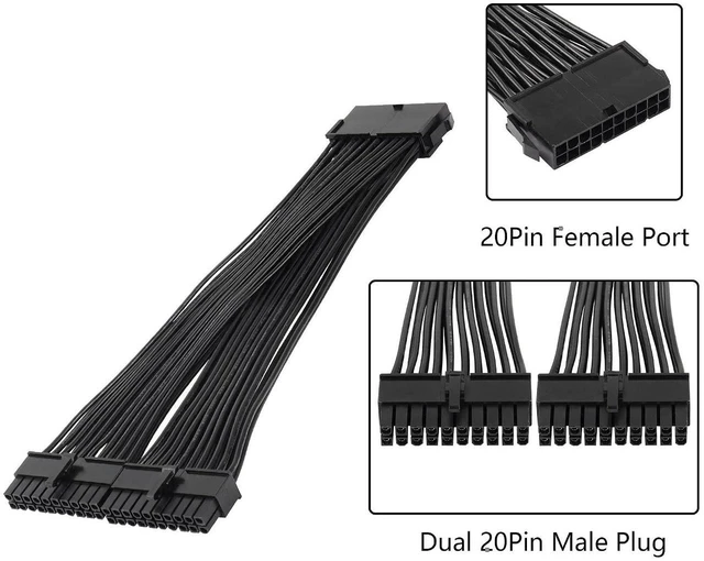Alt view image 3 of 5 - AJMRTC 24cm ATX 20 Pin PSU Splitter Cable, 18AWG ATX 20Pin Female to Dual Male Power Extension Cord, Desktop Motherboard Power Supply Splitter for PC ATX Power Distribution