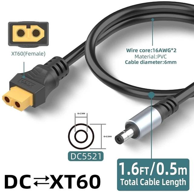 Alt view image 6 of 7 - AJMRTC 1.6FT DC5521 Male to XT60 Female Power Cable, 5.5x2.1mm DC Connector to XT60 Adapter Cord for Battery Pack, Portable Power Station, DIY RC Project