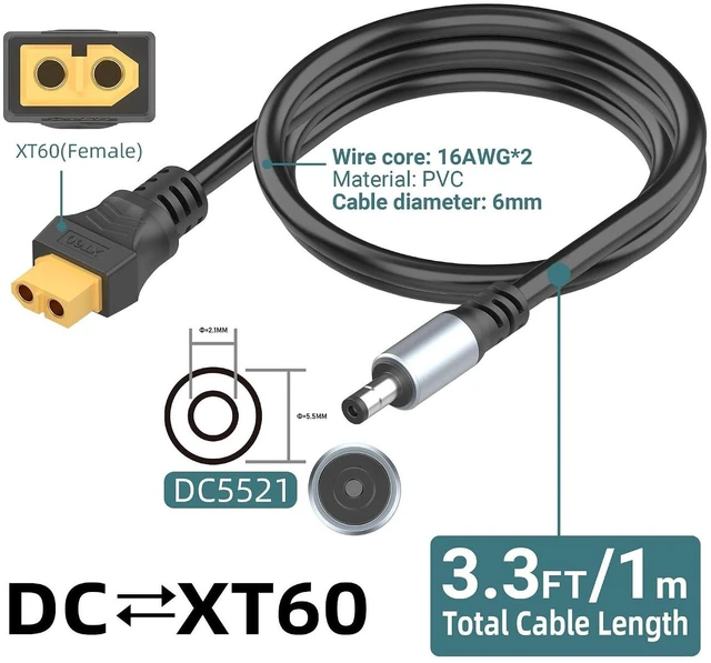 Alt view image 7 of 7 - AJMRTC 3.3FT DC5521 Male to XT60 Female Power Cord, 5.5x2.1mm DC Barrel Plug to XT60 Adapter Cable for Lithium Battery Pack, Portable Power Station, RC DIY Projects