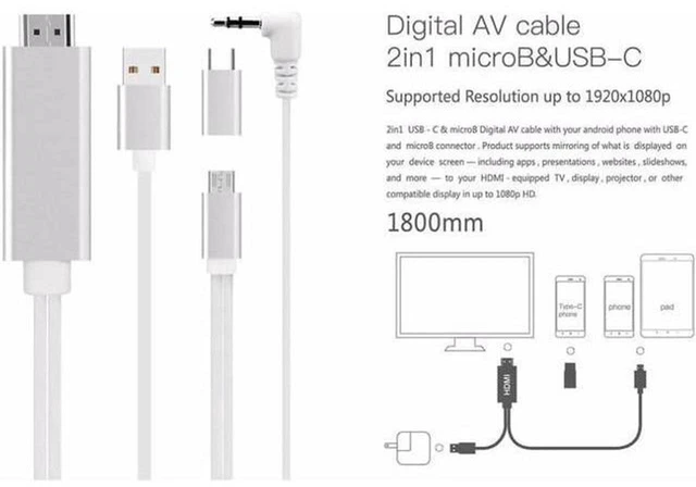 Alt view image 2 of 6 - AJMRTC 2 in 1 Type C & Micro USB to HDMI Digital AV Adapter Cable, HDTV Video Output with Charging Port, Type-C Micro USB to HDMI Converter for Smartphones, Tablets, HD TV, Monitor Projection