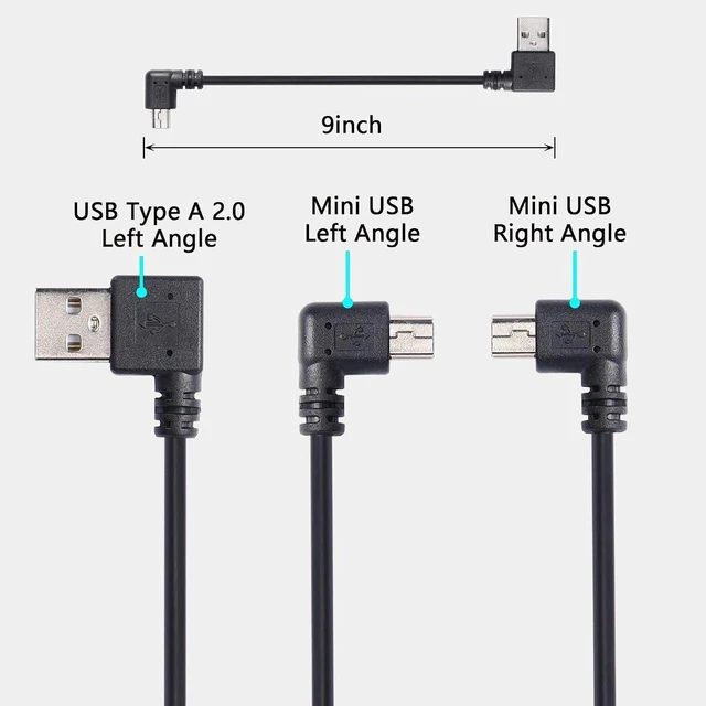 Alt view image 5 of 7 - AJMRTC 9Inch Mini USB Cable Combo, USB 2.0 Type A Male to Left & Right 90 Degree Angled Mini B Male Cord, 2 Pack L-shaped Mini USB Short Cable for Dash Cam, GPS Navigator, Digital Camera, MP3 Player