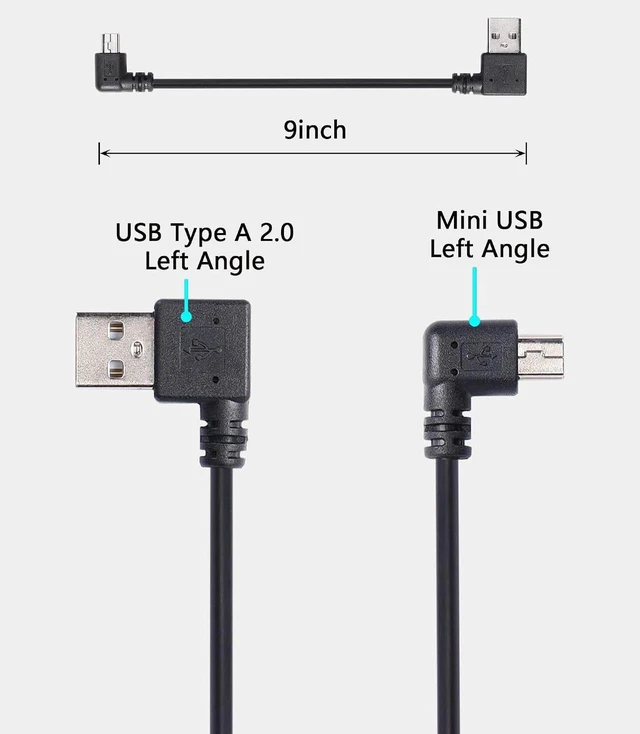 Alt view image 6 of 7 - AJMRTC 9Inch Mini USB Cable Combo, USB 2.0 Type A Male to Left 90 Degree Angled Mini B Male Cord, 2 Pack L-shaped Short Mini USB Cable, Left Angle Mini USB Cables for Dash Cam, GPS Navigator, Digital