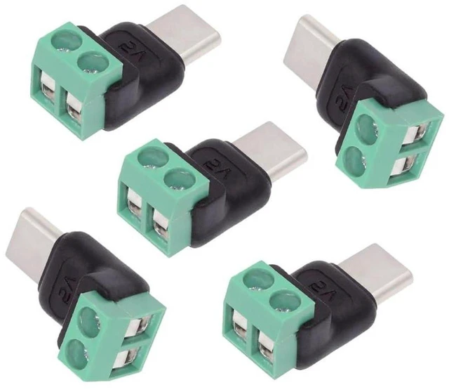 Main image of AJMRTC 5Pcs Set Solderless Type-C Male Plug Connector, OTG Pinout USB C to 2Pin Terminal Output Adapter, DC 5V Power Breakout Connector for DIY Electronics Assembly, Circuit Testing & Electronic Repai