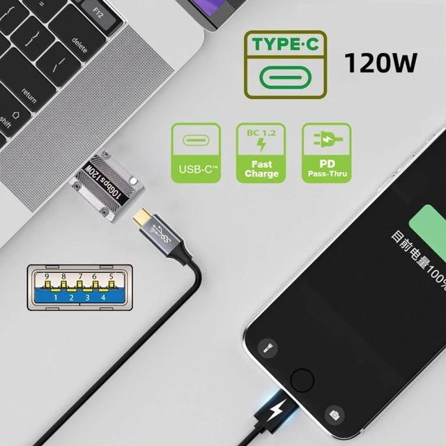 Alt view image 4 of 7 - AJMRTC USB C to USB 3.0 Adapter, 10Gbps Data, 120W PD Power, Mecha Cyberpunk Style, 90 Degree Left Angled Slim Type-C Connector Converter for Laptop PC DIY