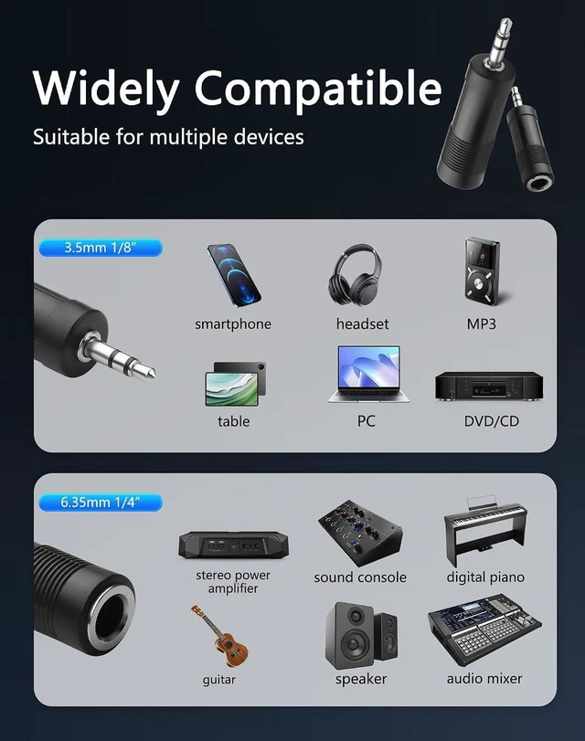 Alt view image 4 of 6 - AJMRTC 6.5mm to 3.5mm Audio Adapter, 3.5mm 3-Pole Male Plug to 6.35mm 1/4 Inch Female Jack Converter for Guitar, Mixer, Amplifier, Headphone Audio Connection
