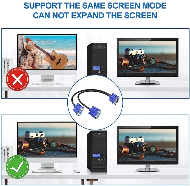 Alt view image 4 of 6 - AJMRTC VGA Y Splitter Cable, VGA Male to 2 Female Adapter Converter, 1 Input to 2 Output VGA Video Cord for Dual Monitor Screen Duplication, Desktop PC Projector Display