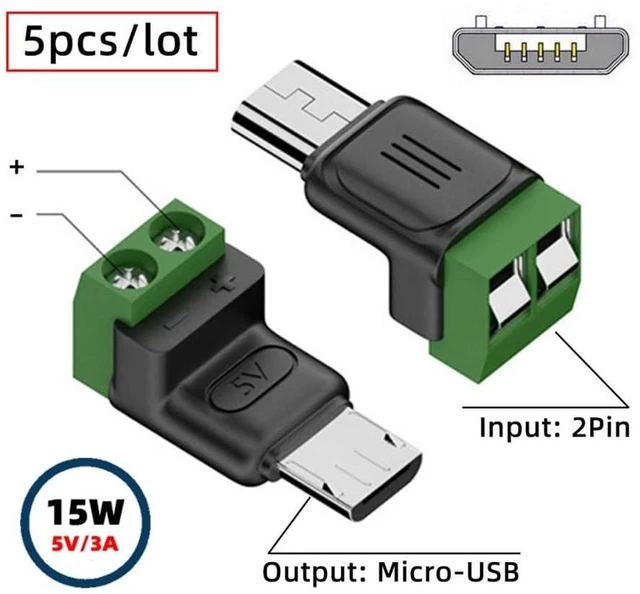Alt view image 3 of 7 - AJMRTC 5Pcs Set Solderless Micro USB 5Pin Male to 2Pin Terminal Connector, DC 5V Power DIY Repair Adapter, Tool-Free Micro USB Plug to 2P Terminal Block for DIY Wiring, OEM Electronic Repair Projects