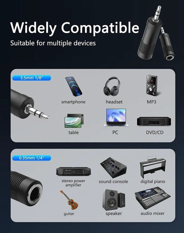 Alt view image 5 of 7 - AJMRTC 3.5mm 3-Pole Male to 6.35mm 1/4 Inch Female Audio Adapter, 6.5mm Jack Converter for Guitar, Mixer, Amplifier, Headphone, Speaker